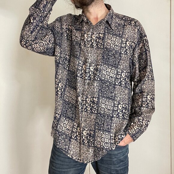 Vintage Chiamare Silk Shirt Men's Large Blue White Abstract Print 80s Relaxed - Picture 3 of 6